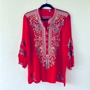 Johnny Was Stunning Red Embroideried Tunic/blouse special occasion or casual